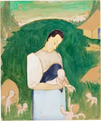 Ernst Morgenthaler, Maria mit Kind auf der Wiese, Gouache and watercolour over pencil on firm, cream-coloured wove paper, mounted on cardboard