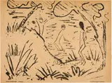 Otto Mueller, Zwei Knaben im Wasser und ein Mädchen am Ufer, 1918, Lithograph on brownish copperplate paper
