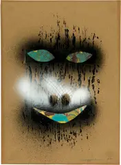 Meret Oppenheim, Gesicht-Affe-Gespenst-verschleierte Frau-usw., 1970, Paper collage, stencils and spray on brown paper