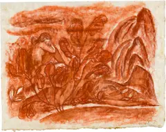 Blumen by Petra Petitpierre, 1943, Red pastel chalk on Japan, drawn on thin cardboard backing, sold Sep 2024