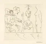 Pablo Picasso, Philosophe discourant devant un notable, avec femme nue à droite, Cannes, 4 July 1959, Drypoint on laid paper