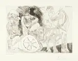 Pablo Picasso, Char Romain monté par un athlète féminin, avec amour et vieillards, Mougins, 26 April 1968, Etching on wove paper with watermark "BFK Rives"