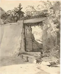Ludwig Richter, Mauerpforte, 1826, Indian ink in pen and brush, wash, on laid paper