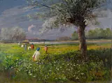 Leonardo Roda, Kinder auf einer Frühlingsblumenwiese, 1918, Oil on cardboard