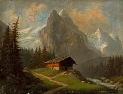 Ferdinand Sommer, Chalet mit Well-und Wetterhorn und Rosenlauigletscher, Around 1870, Oil on cardboard