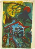 Alphaus mit untergehender Sonne by Ernst Ludwig Kirchner, 1919, Colour woodcut of four printing blocks in red (drawing block), blue, green and yellow, sold Jun 2023