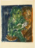 Mädchen mit Kind by Ernst Ludwig Kirchner, 1918/1919, Colour woodcut of three sticks, monotype-like coloured in black (drawing stick), red-orange, green and yellow (colour st, sold Jun 2023