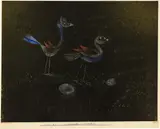 Paul Klee, Rotgeflügelte Sumpfhühner, 1925 - work number 1925.108 (A 8), Fine pastels and pen and Indian ink over black wash on gouache or watercolour