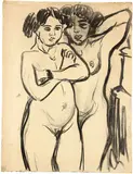 Zwei stehende Frauenakte (recto) - Zwei badende Mädchen in einem Tub (verso) by Ernst Ludwig Kirchner, 1908-1914, Drawing in charcoal - reed pen in black Indian ink, sold Jun 2023
