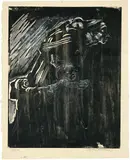 KÃ¤the Kollwitz, Frau mit Kindern in den Tod gehend, 1923, Woodcut, reworked with black Indian ink and opaque white