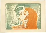 Edvard Munch, Kopf bei Kopf - Mann und Weib, sich küssend, 1905 - printed after 1914, Colour woodcut in orange and green