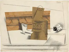 Pablo Picasso, Pipe, bouteille de Bass, dé, Beginning 1914, Pencil, Indian ink and paper collé