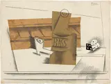 Pablo Picasso, Pipe, bouteille de Bass, dé, Beginning 1914, Pencil, Indian ink and paper collé