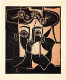 Grande tête de Jacqueline au chapeau by Pablo Picasso, Mougins, 27 March 1962, Colour linocut, sold Jun 2023