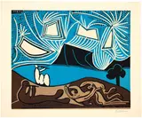 Couple et flûtistes au bord d’un lac (Bacchanale) by Pablo Picasso, Cannes, 25 November 1959, Colour linocut, sold Jun 2023