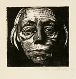 Selbstbildnis von vorn by Käthe Kollwitz, 1922/1923, Holzschnitt auf weichem Bütten, sold Jun 2023