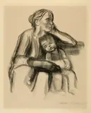 Käthe Kollwitz, Arbeiterfrau mit schlafendem Jungen, 1927, Colour lithograph on firm, hammered wove paper with watermark "JWZANDERS 1927"