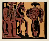 Picador et torero attendant le paseo de cuadrillas by Pablo Picasso, Cannes, 8 September 1959, Colour linocut, sold Jun 2023