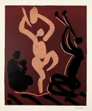 Bacchanale avec une femme assise tenant un bÃ©bÃ© by Pablo Picasso, Cannes, 17 November 1959 - 5 February 1960, Colour linocut, sold Jun 2023