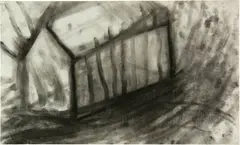 Miriam Cahn, Serie mit Haus und Wagen am Anfang, 1983, Title page with the artist's footprint and 9 drawings in charcoal