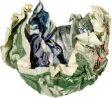 James Lee Byars, Untitled (Money Object), 1978, 3 1-hundred notes crumpled together, wrapped in a 50 note and rolled into a ball