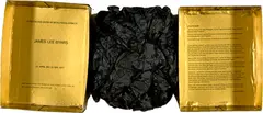 James Lee Byars, TH FI TO IN PH (Mönchengladbach), 1977, Golden cardboard box with crinkled black tissue paper, with a text by J. Cladders printed in the centre of the bottom of the cassette