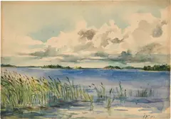 Elena Luksch-Makowsky, Seeufer. - Bäuerliches Interieur mit kleinem Bub, 1895, 2 watercolours