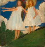 Elena Luksch-Makowsky, Zwei Mädchen in weissen Kleidern auf Wiesenhang, 1904, Tempera and opaque white on wood