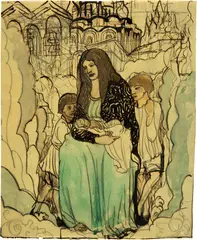 Elena Luksch-Makowsky, Selbstbildnis mit Kindern vor Kirche, 1912, Watercolour, ink and pencil