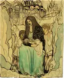 Elena Luksch-Makowsky, Selbstbildnis mit Kindern vor Kirche, 1912, Watercolour, ink and pencil