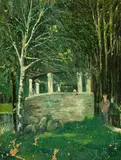 Otto Meyer-Amden, Gartenpavillon im Birkenwald am Wasser mit zwei Männern