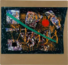 Otto Nebel, Mit dem grünen Riegel, 1972, Reverse glass painting in colour, mounted on painted chipboard