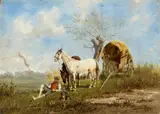 Franz Quaglio, Rastender Bauer mit Fuhrwerk, 1897, Oil on wood