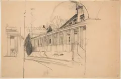Karl Stauffer-Bern, Architekturstudie zu den römischen Bädern im Park Sanssouci, Potsdam, Around 1884, Charcoal pencil drawing