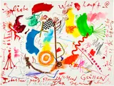 Jean Tinguely, Illustrierter Brief - Liebe Weisshaupts, January 28, 1989, Felt-tip pen, pastel, watercolour, pencil, gouache and collage