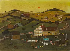 J. B. Waldburger, Spätsommerlandschaft mit Alpabzug, Oil on canvas over hardboard