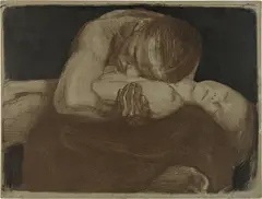 Käthe Kollwitz, Pietà, 1903, Colour chalk and brush lithograph, with mezzotint in the drawing stone, from the dark brown printing drawing stone and the clay stone for the background in blue-black