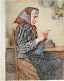 Albert Anker, Eine BÃ¤uerin aus Ins beim Stricken in der KÃ¼che, circa 1900, Watercolour
