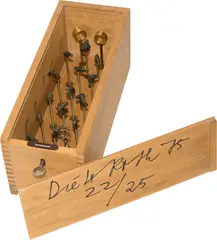 Dieter Roth, Zooring, 1975, 2 brass rings with 15 interchangeable brass attachments. In lockable original wooden case with two keys