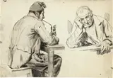 Albert Anker, Mann mit Mütze und Pfeife - Lesender Mann. - Rückseitig: Schnapstrinker, Drawings in pen and brush in ink over pencil