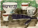 Hans Berger, Stillleben mit Tassen (verso: Drescher). - Figuren, Kuh und Karren