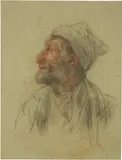Giovanni Giacometti, Brustbild eines bärtigen Mannes mit Mütze, im Profil nach links, Around 1916, Black and red chalk