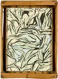 Alfred Hofkunst, Sardellen, 1983, Pastel chalk and gouache on paper on canvas, fixed in a wooden fruit crate with glass pane lid