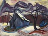 Hermann Huber, Winterlandschaft mit Haus - Rückseitig: Männerbildnis, Around 1911-1913, Oil on wood