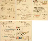 Le Corbusier, Croquis d'études sur le thème "Peinture et architecture", Zurich, 12 January 1938, 5 sketches in pen and ink and colour pencils