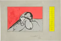 AL1982.079 (Trainingszeiten) by Alois Lichtsteiner, 1982, Invitation card painted over in oil paint, enclosed in painted cardboard and in original frame, sold Jun 2022
