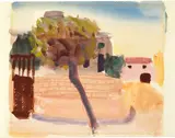 Louis Moilliet, Gatter und Baum mit Häusern im Hintergrund, 1926, Watercolour