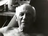 Edward Quinn, Pablo Picasso with a Ripolin color can behind him, 1961, Silver gelatine print