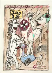 Hans Schärer, John 3.16, 1989, Drawing in ink, colour pencil, felt-tip pen and pencil