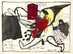 Hans Schärer, Üble Tat, 1988, Drawing in ink, oil paint, grease crayon, with collaged elements of paper and cardboard.